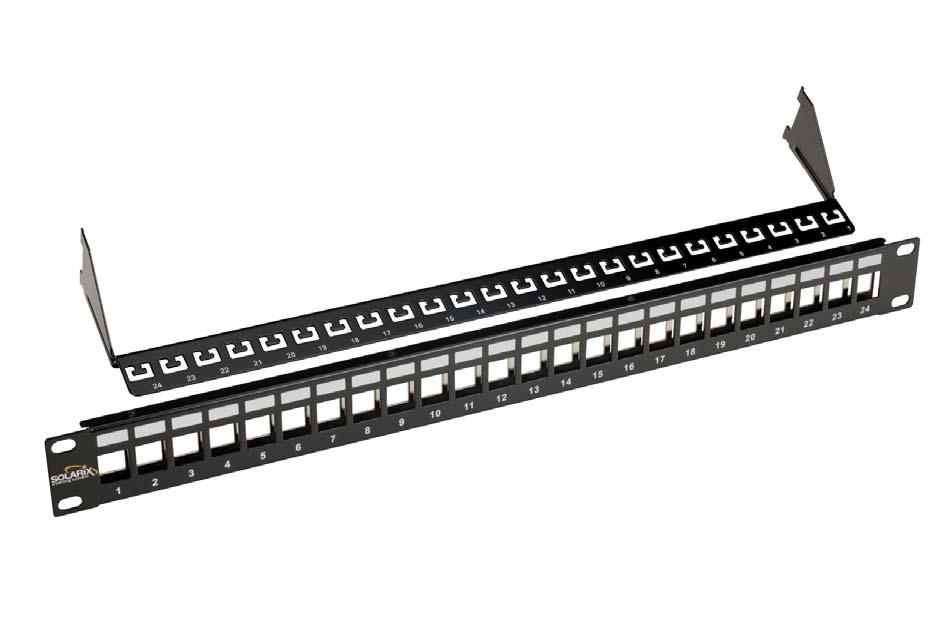 Kategorie 6 26 Modulární patch panel Solarix Modulární patch panel SX24M-0-STP-BK-UNI je univerzální neosazený 24 portový patch panel, který je určen pro keystony Solarix se zadním zářezem, a to jak