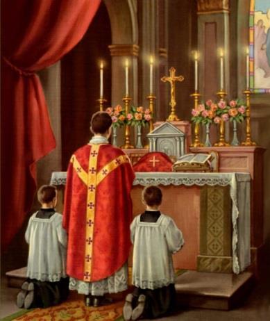 ZAČIATOK SVÄTEJ OMŠE Kňaz prichádza s miništrantom k oltáru. Pokloní sa, postaví zakrytý kalich na oltár, na lekciovej strane otvorí omšovú knihu a vrátiac sa začína omšu pred prvým stupňom oltára.