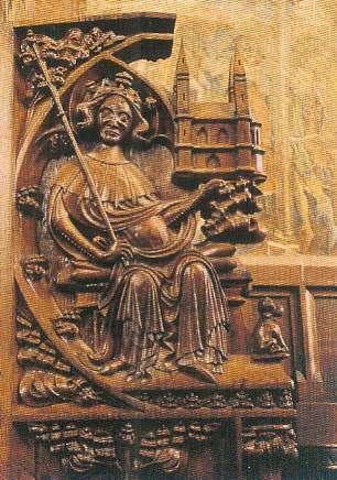 14) Frankfurt nad Mohanem. Kostel sv. Bartoloměje. Chórová lavice s reliéfem Karla Velikého. 15) Frankfurt nad Mohanem.