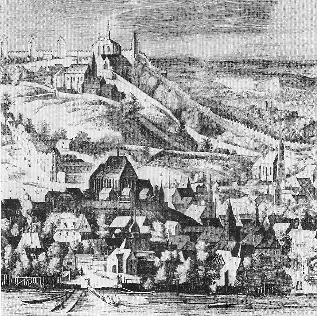 24) Praha. Nové Město. Podoba klášterního areálu na Karlově okolo r. 1600 Výřez z tzv.