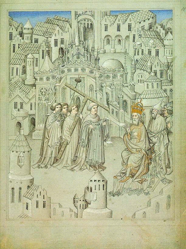 53) London. The British Library. Manuskript. Ilustrace z knihy Cesty sira Johna Mandevilla. fol. 11r.