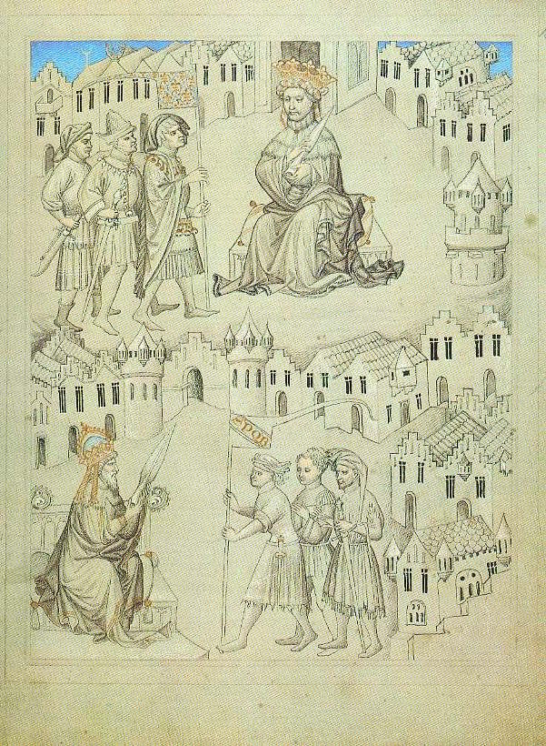 55) London. The British Library. Manuskript. Ilustrace z knihy Cesty sira Johna Mandevilla. fol. 10r.