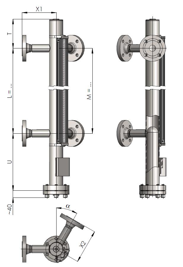 A6 L21 s dvojitým připojením Měření a regulace Teplota média Teplota okolí Jmenovitý tlak Od 196 C do +500 C Od 60 C do +85 C Od 1 do 400 bar g Hustota média 365 kg/сm 3 Vnější materiál obtokové