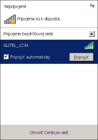 4 Vyhľadajte na vašom počítači Wi-Fi siete vo vašom okolí, nastavte sa na meno siete, ktorú máte uvedenú na zadnej strane vášho 3G routera (napríklad GLITEL_1234) a stlačte Pripojiť.