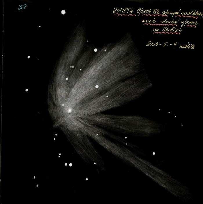 Detail komety C/2004 Q2 Machholz př es Dobson 0,42m. Toto pozorování pochází z výjezdu na Šerlich druhého dne (opě t s Pepou Kujalem). Datum na kresbě je opě t špatně, pozorování probíhalo več er 9.