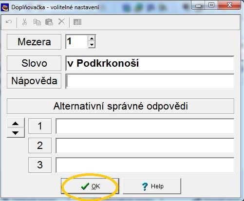 Zobrazí se okno nastavení (obrázek 27), ve kterém můžeme doplnit nápovědu (To je zpravidla vhodné, když žáci nevybírají možnosti z rozbalovacího seznamu).