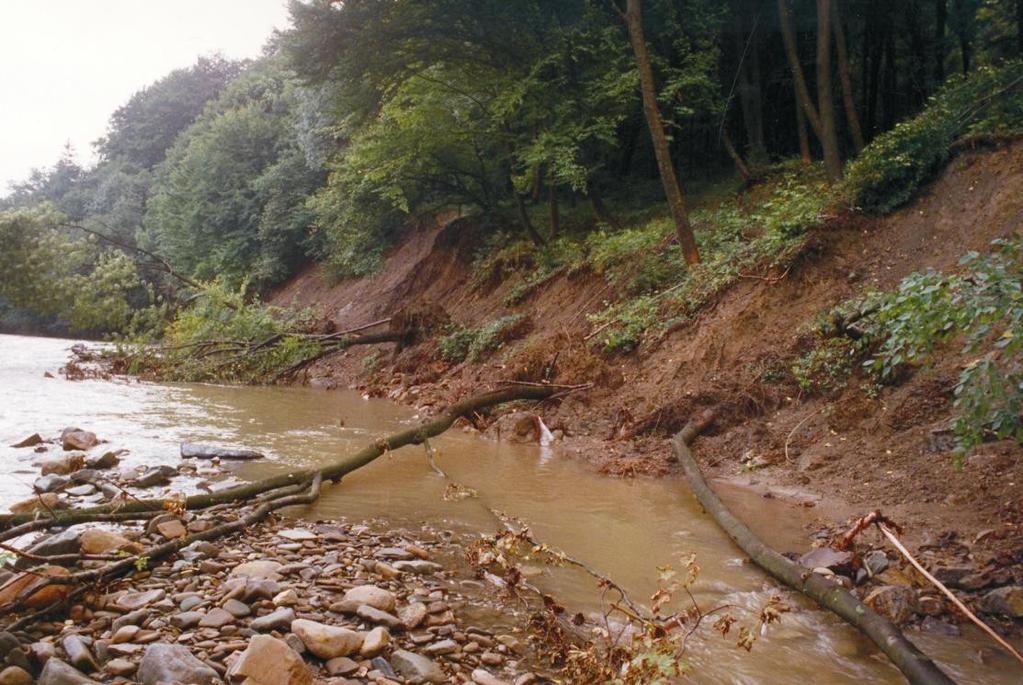 Zatlačování koryta Vsetínské Bečvy sesuvy