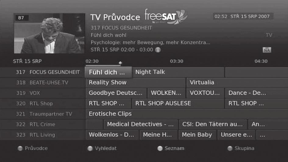 TV Průvodce TV Průvodce je obrazovka s tabulkou obsahující informace o programech jednotlivých kanálů, které jsou uspořádané podle času a data.