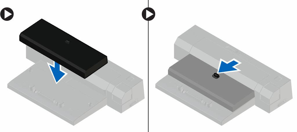 Dokování počítače 2 Chcete-li počítač dokovat, postupujte následovně: a. Umístěte dokovací rozpěrku do dokovací stanice, aby zapadla na své místo. b.