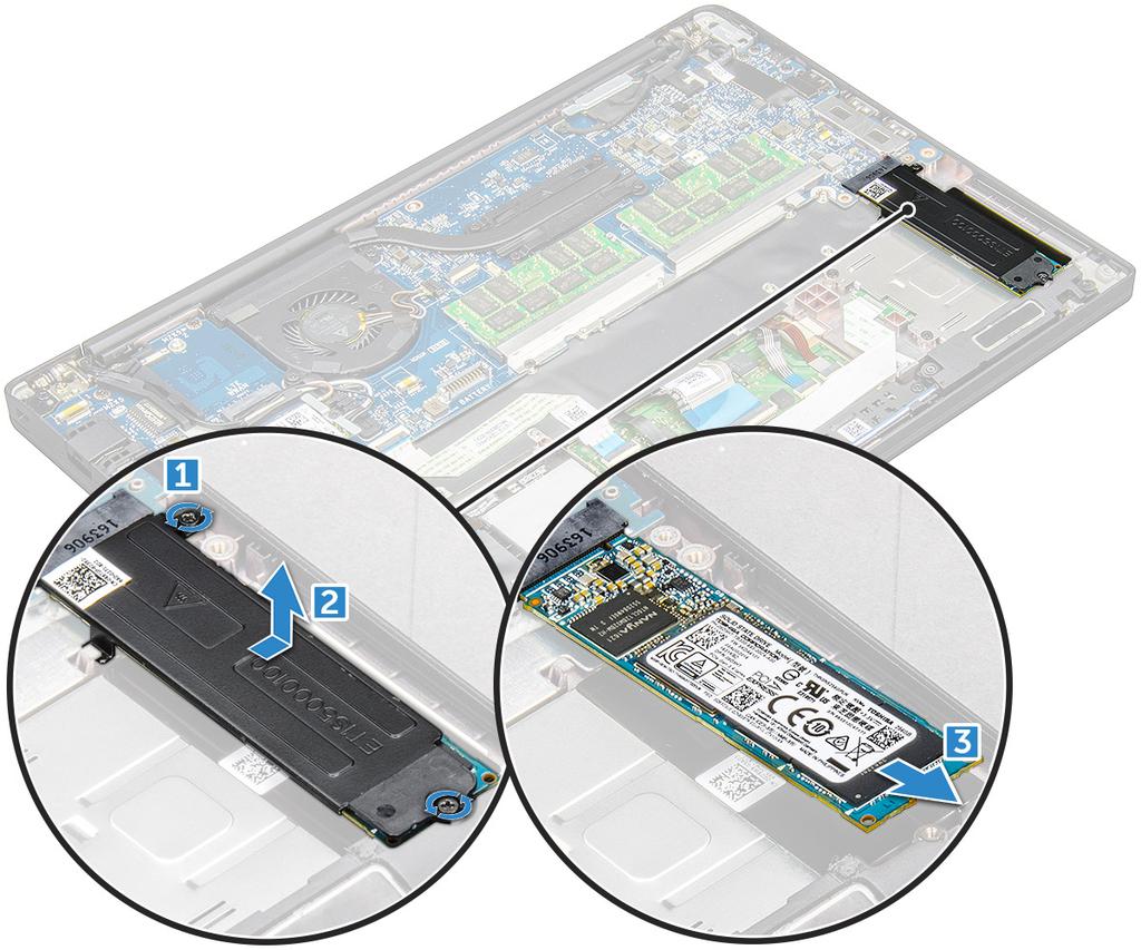 Montáž disku SSD PCIe 1 Vložte kartu PCIe disku SSD do jejího konektoru. 2 Přes kartu PCIe disku SSD namontujte držák disku SSD.