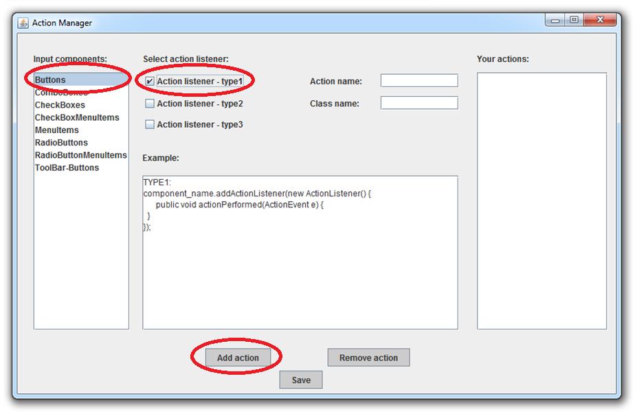 Dále zvolíme action listener a případně vyplníme název akce a třídy (v části Example se zobrazí náhled zdrojového kódu).
