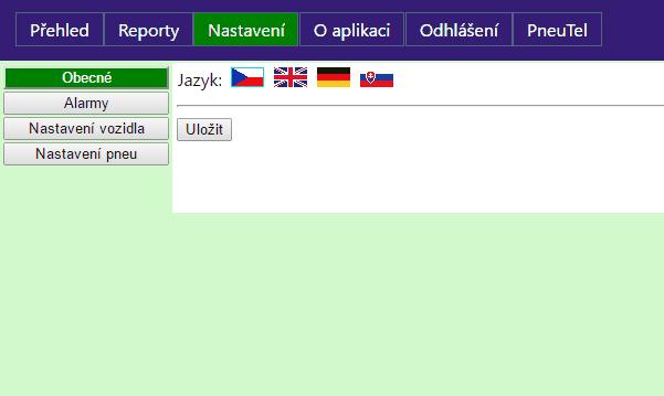 10 PneuTel 2.2 Nastavení 2.2.1 Obecné nastavení aplikace Zde si můžeme změnit jazyk pro aplikaci PNEUtel 2.2.2 Alarmy Zde si může uživatel nadefinovat stavy pneumatiky o kterých chce být uživatel informován.