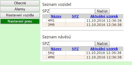 12 2.2.4 PneuTel Nastavení pneu V tomto okně provádíme nastavení paramterů pneumatik jednotlivýcho vozidel nebo návěsů.