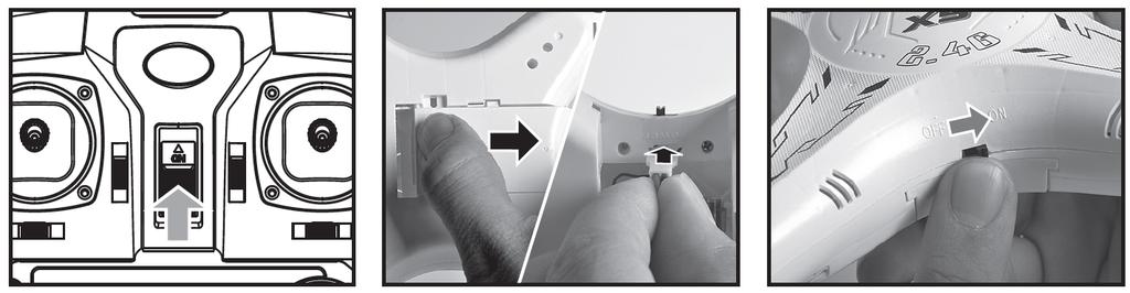 Příprava před letem rc-modelu Zapnutí provedete tlačítkem krytem baterie a pro zapnutí a vypnutí ON OFF Otevřete kryt baterie a vložte baterii do šachty. Uzavřete baterii zapněte model.