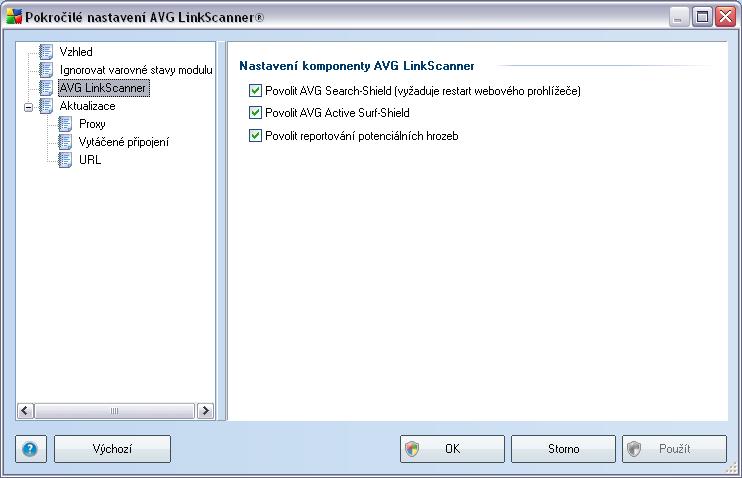 8.3. AVG LinkScanner Dialog Nastavení komponenty AVG LinkScanner umožňuje zapnout či vypnout funkčnost základních složek modulu LinkScanner: Povolit AVG Search-Shield - (ve výchozím nastavení