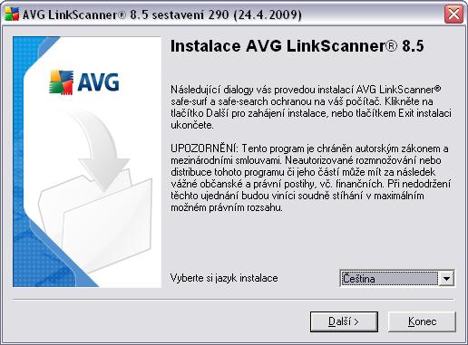 3. Instalační proces Pro stažení instalačního souboru AVG 8.5 LinkScanner prosím navštivte internetovou stránku AVG Free a klikněte na na odkaz pro stažení AVG 8.5 LinkScanner. Jakmile stáhnete a uložíte instalační soubor na váš pevný disk, můžete spustit instalační proces.