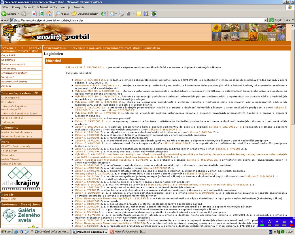 Webová stránka Environmentálne škody Legislatíva: Národná zoznam právnych predpisov