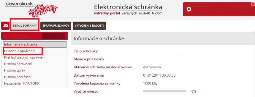 3. Vymedzenie prístupu k určeným funkciám schránky a jej priečinkom cez záložku Detail schránky Po kliknutí na Nastavenia (ozubené koliesko vedľa mena v schránke správ) vyberiete záložku Detail