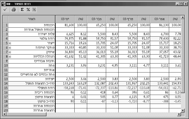 תחזיות פיננסיות תפריט תחזיותפיננסיות, תחת תפריט ניתוח, כולל את הדוחות הכספיים החזויים - הרווח וההפסד, התזריםהמזומנים, מאזן - המבוססים על הנתונים שנקלטו בתוכנית.