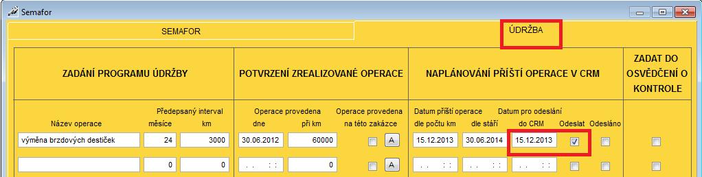 Zadání programu údržba v servise PGCS + zakliknutí odeslání do CRM: Obr.