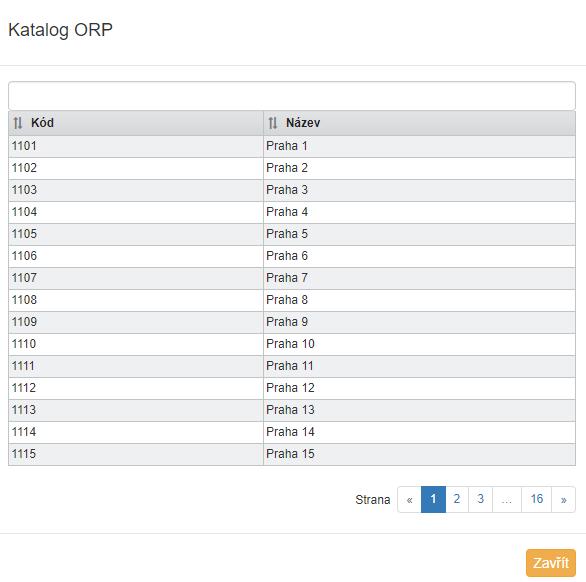 V seznamu Katalog ORP vyberte požadované ORP. Obrázek 11 - Výběr odesílatele Obrázek 12 - Katalog ORP V katalogu lze filtrovat v horním poli zadáním požadované hodnoty.