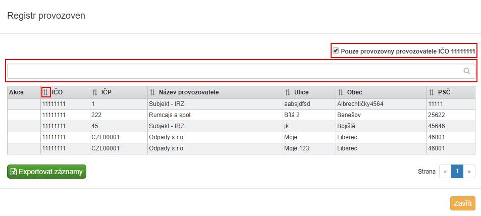 Obrázek 14 - Registr provozoven Zaškrtnutým checkboxem Pouze provozovny provozovatele zobrazíte pouze provozovny vybraného Odesílatele (daného IČO).