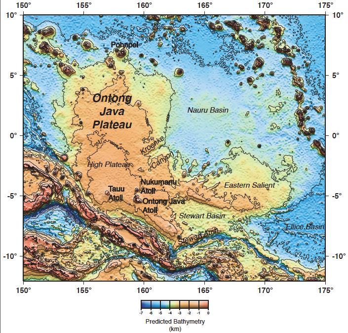 Plošina Ontong Java, jz. Pacifik Největší známá vulkanická struktura vzniklá před asi 120 mil.