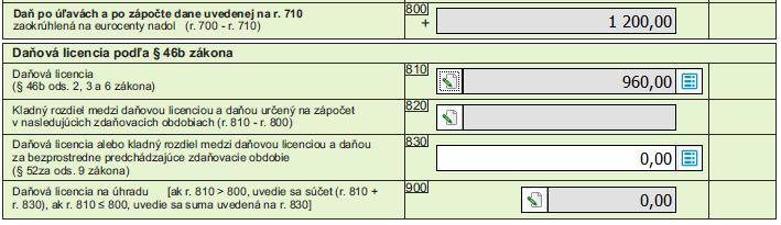 - riadok 820 bude prázdny, - časť dane, ktorá prevyšuje daňovú licenciu (240 EUR) bude automaticky doplnená na riadok 910 v prípade, ak