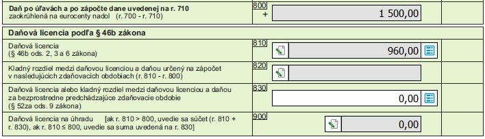 1 500 > 960 1 200 > 960 riadok 820 bude prázdny, rovnako riadky 910 a 920, nakoľko nerobíme zápočet daňovej licencie, na riadku 1000 sa automaticky uvedie