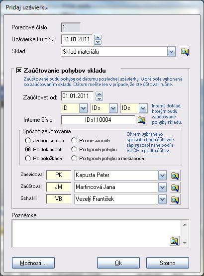 3. Uzávierka skladu Po vykonaní inventúry skladu a následnom zaevidovaní zistených rozdielov, môžeme spustiť uzávierku skladu. Uzávierkou sa uzavrú všetky pohyby na sklade za vybrané obdobie.