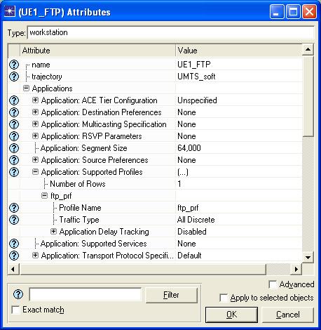 4.1.4 Konfigurace UE a FTP serveru U FTP server a UE ponecháme většinu parametrů nastavenou na default, protože pro simulaci handoveru nemají příliš velký význam.