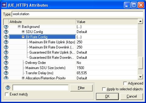 Konfigurace UE_ftp a UE_http Nastavení této konfigurace je pro ftp i http stejné a je zobrazeno na Obr. 4.19. Maximum Bit Rate Uplink (kbps) - jedná se o maximální přenosovou rychlost ve směru uplink.