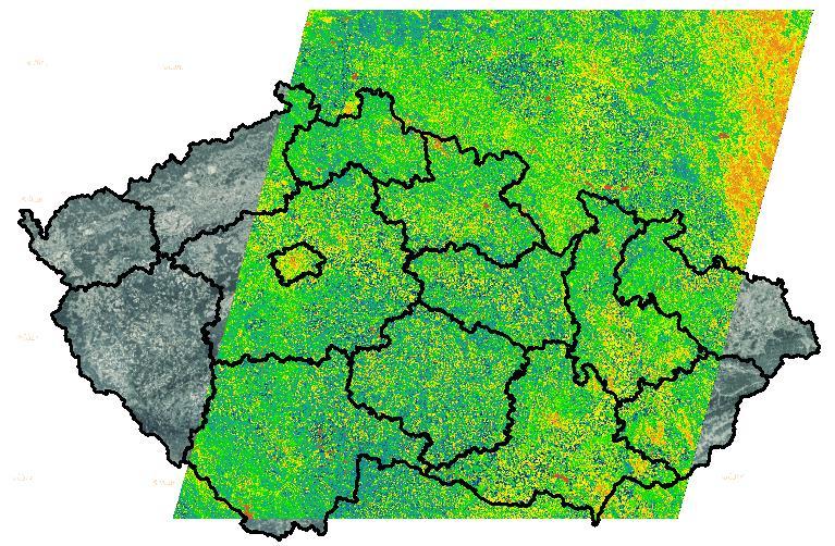 Obr. 20 Překryv scény Sentinel 2A nad územím ČR a detail zachycení heterogenity pozemků pomocí NDVI.