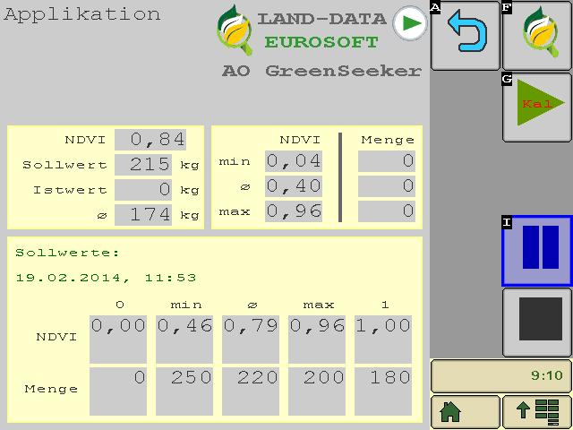 Obr. 30 Obrazovka terminálu ISOBOX přístroje Trimble Greenseeker se stanovením dávky hnojení dle online měření NDVI porostu v pěti bodech nulové, minimální naměřené, průměrné, maximální naměřené a