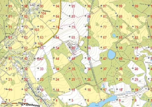 2. Mapové podklady Mapový podklad - byla zvolena mapa z www.cuzk.cz 1:10 000 s vrstevnicemi. Výškopis by l zvolen interní výškopis programu SYMOS 97 v rastru 50x50 metrů v souřadném systému JTSK. 3.