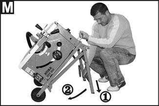 1. Lösen Sie die Verriegelung indem Sie das Gestell zu sich hinziehen. 2. Klappen Sie das Gestell gegen die Unterseite der Säge bis es einrastet. 1. Disengage the latch by pushing the frame together.