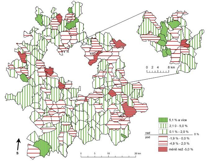 Obr. 2: Přirozený pohyb podílu předproduktivní složky (vlevo) a poproduktivní složky (vpravo) v BMO mezi roky 2001 a 2011Název obrázku Zdroj: vlastní