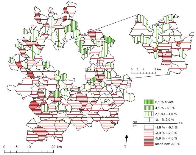 3: Hot Spot analýza podílu předproduktivní složky v BMO v roce 2001 a 2011 Zdroj: vlastní zpracování Naopak v jižní části BMO lze vymezit dvě oblasti s