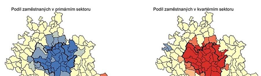 Obr. 5: Srovnání výsledků hot spot analýzy ukazatele podílu zaměstnaných v primárním sektoru a kvartérním sektoru v roce 2011 Zdroj: vlastní zpracován] 4 Diskuze Vývoj a pohyb obyvatel v BMO na