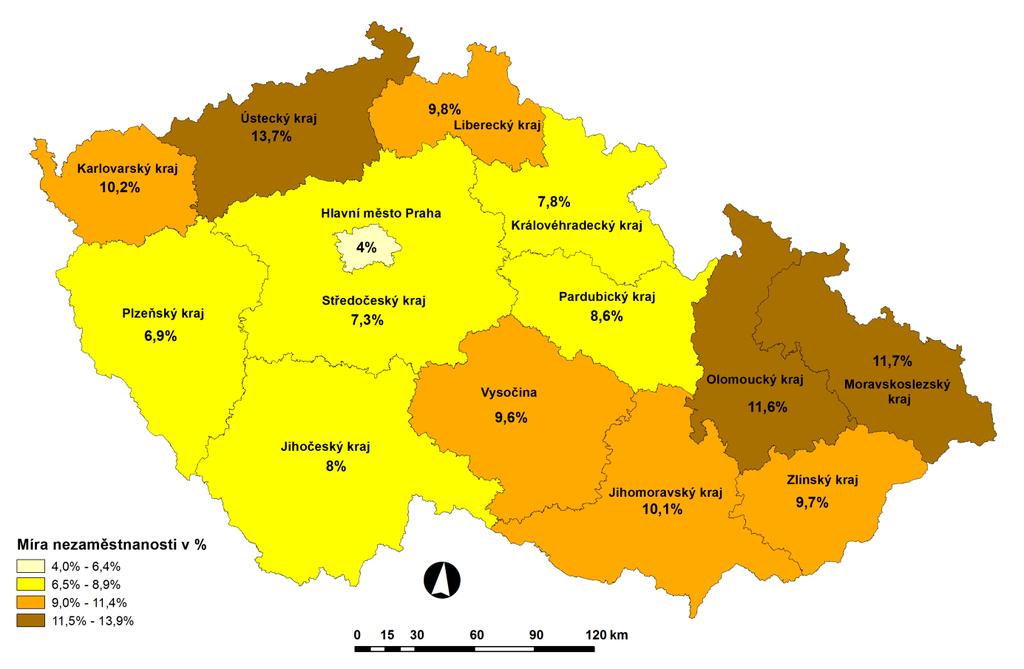 Vývoj počtu volných míst Ukazatel 3/2011 2/2012 3/2012 Volná pracovní místa 1 788 1 335 1 709 Volná pracovní místa pro OZP 133 115 95 Počet uchazečů na 1 volné pracovní místo 22,8 30,7 23,0 Nová