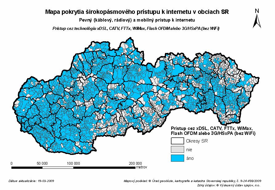 Pokrytie širokopásmovým prístupom v obciach SR, marec 2009