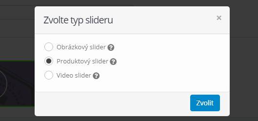 Produktový slider Po volbě typu slideru Produktový slider : Je vytvořen formulář pro přidávání jednotlivých produktů ze systému do slideru: Vysvětlení jednotlivých políček: - Název slideru slouží pro