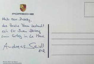 TéMA Pohlednice s poděkováním od šéfa Porsche týmu Andrease Seidla za podíl Josefa Dubského na vítězství v závodech 24 hodin v Le Mans (2014) A jak s odstupem let vidí přínos studia na ČVUT pro jeho