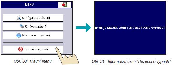 Obr. 30: Hlavní menu Obr. 31: Informační okno "Bezpečné vypnutí" 6. 3. Správa souborů Toto menu se používá pro správu souborů, což představuje ukládání a načítání dat z flash paměti.