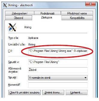 Po instalaci je nutné ve vlastnostech souboru Xming.exe zadat doplňkové parametry (Obr.
