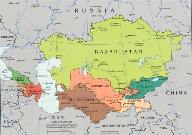 9 STÁTY JIŽNÍHO KAVKAZU A STŘEDNÍ ASIE A JEJICH VÝZNAM PRO ROPNOU POLITIKU USA 109 Obrázek 2: Politická mapa Kavkazu a střední Asie.