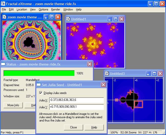 Nabídka Fractals obsahuje další položky s výběrem druhu vykreslovaného fraktálu, nastavení základních a rozšířených parametrů zobrazovací oblasti atd.