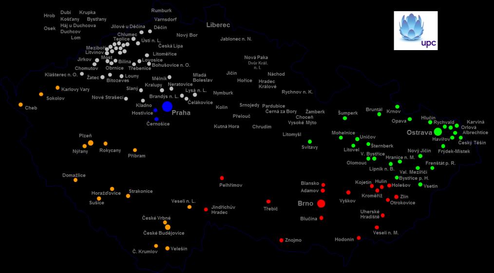 446 700* Obousměrná síť Města: 101 Rezidentní síť HUBs rezidentní síť: 79 Umístění technologie CMTS