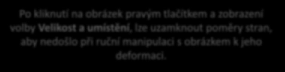 Práce s obrázky Karta Vložení Po kliknutí na vložený obrázek se zobrazí kontextová karta, která zobrazuje jednotlivé nabídky formátovacích nástrojů Dostupné nabídky: Upravit Styly obrázků