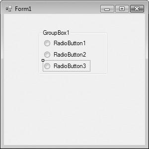Kapitola 3 Práce s ovládacími prvky v okně Toolbox 95 Získání vstupu pomocí ovládacích prvků GroupBox a RadioButton 1. Klepnutím na příkaz Close Project v nabídce File zavřete projekt Můj CheckBox. 2.